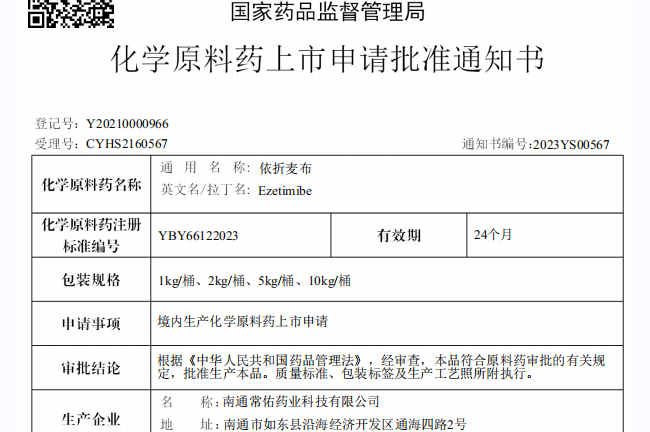 ty8天游线路检测中心原料药依折麦布在国内获批上市
